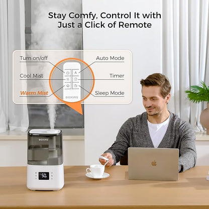 BOXING Warm and Cool Mist Humidifiers for Bedroom Large Room Home,Air Humidifier with Remote,Top Fill Ultrasonic Diffuser Humidifier with humidistat,Quiet Sleep,Timer,Auto Shutoff,BPA-Free,Filter,4.5L