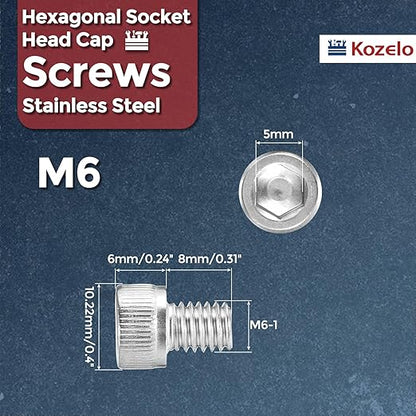Kozelo 25pcs Socket Head Cap Screws - [M6-1 x 8mm] 304 Stainless Steel Allen Socket Drive for Electrical Motor 3D Printing Fan Engine Replacement Use, Silver