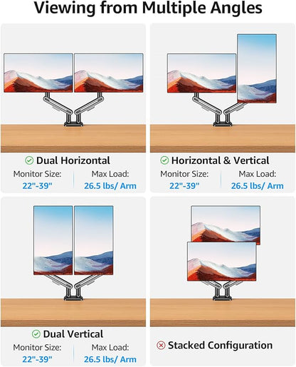 MOUNTUP Dual Monitor Mount Holds 4.4-26.5lbs, Heavy Duty Monitors Arm for 39 37 34 32 27inch,Double Monitor Stand for 2 Monitor, Height Adjustable Monitors Desk Mount with C-Clamp＆Grommet Base