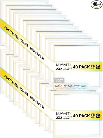 NUWATT 40 Pack 2x2 LED Flat Panel Lighting, Drop Ceiling Light Wattage Selectable 40W/30W/20W, 5CCT 3000K/3500K/4000K/5000K/6500 Suspended Ceiling LED Lights, 4400LM, Dimmable 0-10V, 120-277V, ETL