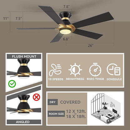 SMAAIR 52 Inch Smart Ceiling Fan with Light and Remote, Flush Mount Modern Ceiling Fan with lights,Compatible with Alexa/Google Assistant/Siri,Timer and Schedule,10 Speed DC Motor,Black/Gold