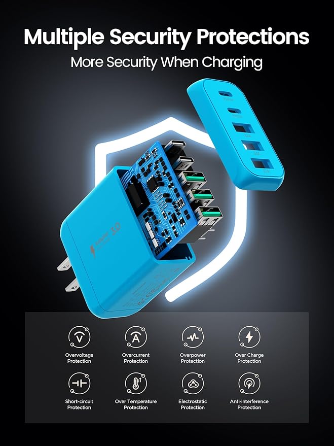 USB C Charger Block, [2-Pack] Type C Charger Fast Charging,50W 5-Port USB Wall Charger Multiport Type C Charging Block Cube for iPhone 1615 14 13 12 11 Pro Max XS,iPad,Samsung&More-Blue