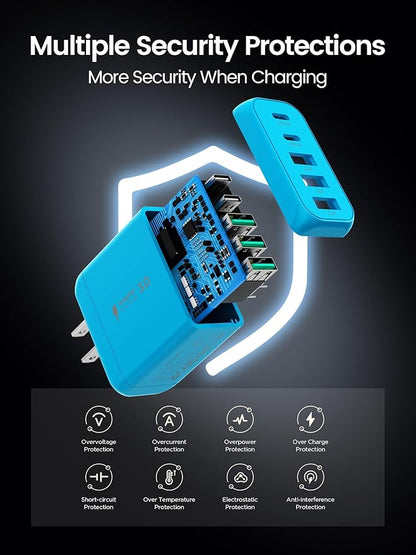 USB C Charger Block, [2-Pack] Type C Charger Fast Charging,50W 5-Port USB Wall Charger Multiport Type C Charging Block Cube for iPhone 1615 14 13 12 11 Pro Max XS,iPad,Samsung&More-Blue