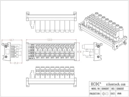 DIN Rail Mount AC 24-250V 8 Channel Pluggable Side Wiring Terminal Block Power Distribution Fuse Module, HCDC HD065RT