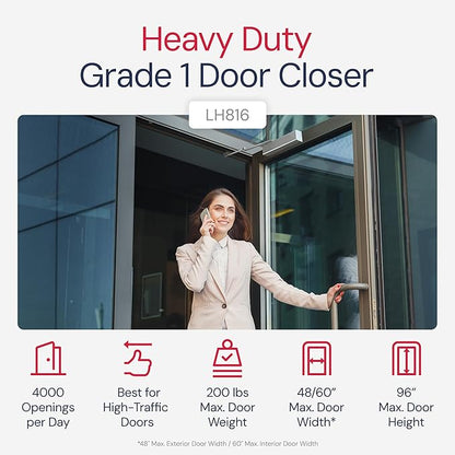 Lawrence Heavy Duty Door Closer Commercial Grade 1 - Adjustable 6-Speed Delayed-Action Door Control with 3 Pistons – Flexible Installation with Included Hardware - Embassy Series LH816