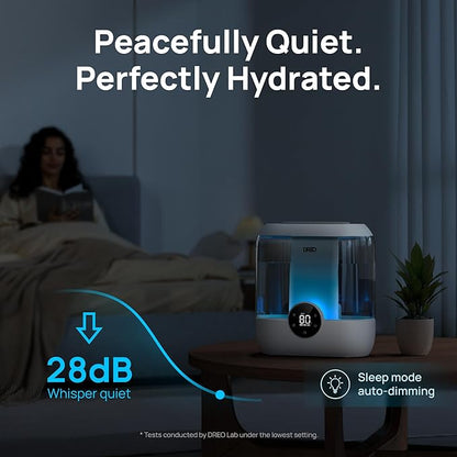 DREO 6L Top Fill Humidifiers for Bedroom, 60H Runtime 28 dB Quiet Supersized Cool Mist Air Humidifiers for Large Room, Baby Nursery, Plant, Indoor, Night Light, Easy to Clean, Precise Humidity Control