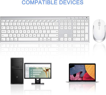 Wireless Keyboard and Mouse, Vssoplor 2.4GHz Rechargeable Compact Quiet Full-Size Keyboard and Mouse Combo with Nano USB Receiver for Windows, Laptop, PC, Notebook-White Silver