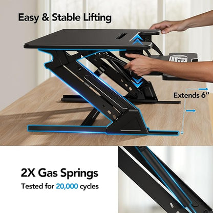 HUANUO 32" Z Shaped Stable Standing Desk Converter, Height Adjustable Sit Stand Up Desk Riser, Dual Monitor and Laptop Workstation with Wide Keyboard Tray, Desk Lifter for Home Office