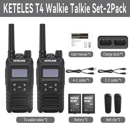 Ketelese T4 Walkie Talkies Long Range, IP67 Waterproof Dustproof Two Way Radio, Walkie Talkie Earpiece with Mic for Adult, USB, NOAA, VOX, Group Call, PTT(Black/ 2Pack)