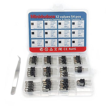 12 Values 54 Pcs Darlington Transistors Bipolar Power Transistor TIP31C TIP32C TIP41C TIP42C TIP120 TIP121 TIP122 TIP125 TIP126 TIP127 TIP142T TIP147T Minidodoca TIP Transistors Assortment Kit