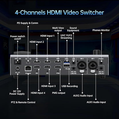Yinker 5.5 Inch LCD Screen Video Mixer Switcher 4-Channel HDMI Live Stream Switcher, Support PST PGM, 1080P 60FPS USB Recording, USB 3.0 Streaming, PTZ Control