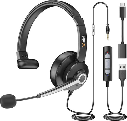 Wantek USB & 3.5mm Headset with Mic for PC/Laptop,Wired Headset with Noise-Cancelling Microphone & Audio Controls Perfect for Home Office Online Class Skype Zoom Call Center Webinar,Monaural