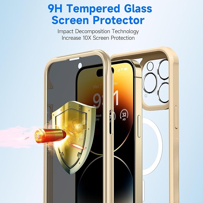 seacosmo for iPhone 14 Pro Max Case, Full Body Bumper with Built-in 9H Tempered Glass Privacy Screen Protector and Camera Lens Protector, Compatible with MagSafe, Shockproof Phone Case, 6.7", Gold