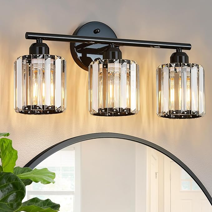 FDPBY Modern 3 Light Crystal Vanity Light, Plating Black Vertical Bathroom Light Fixture Over Mirror for Dressing Table Sink, Compatible with Dimmable Bulbs (Bulbs Not Included)