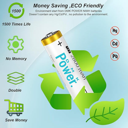 DMK POWER Rechargeable AA Batteries,2800mAh High Capacity Batteries 1.2V NiMH Low Self Discharge (4pcs)