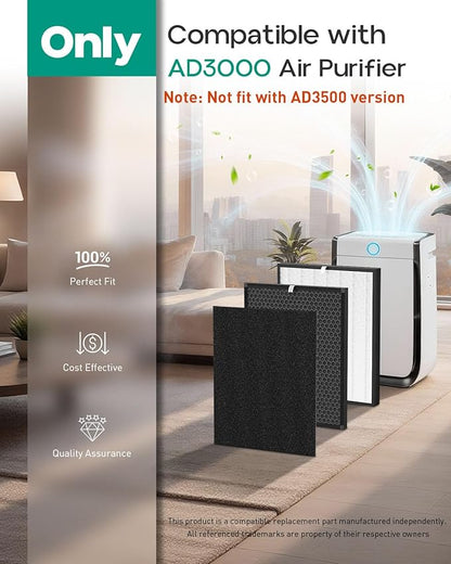 Elnuliros Premium Replacement Filter Compatible with AD3000 Air Cleaner Purifier, Not for AD3500 Version, Include 1 Premium Filter + 2 Carbon Filters + 4 Pre-filters, Part # ADF3001, ADF3002