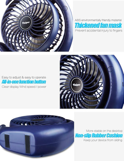 Viniper Portable Rechargeable Fan, Small Desk Fan : 3 Speeds & about 8-24 Hours Longer Working, 180 Rotation, Portable Desktop Fan Small but Mighty, Strong Wind (Blue, Light Black Blade) 6.2 INCH