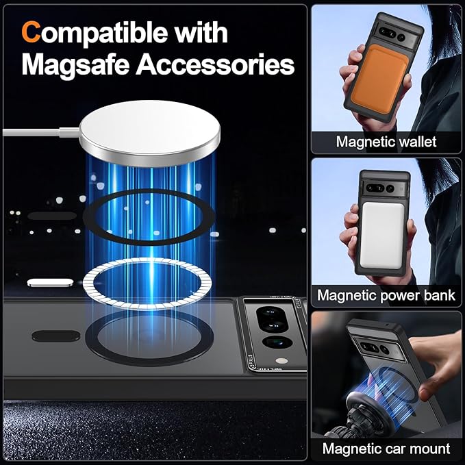 Magnetic for Google Pixel 7 Pro Case, [Military Grade Drop Protection] [Compatible with MagSafe] Shockproof Slim Translucent Matte Anti-Slip for Women Girls Men Case, Black