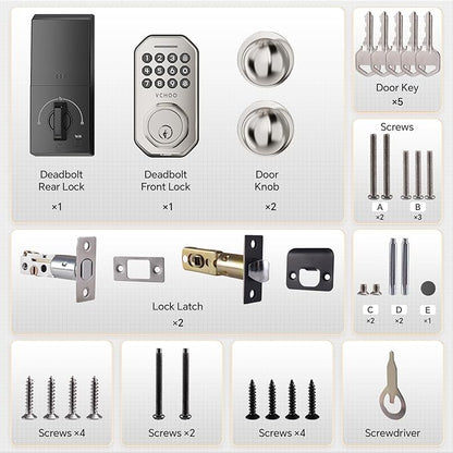 VCHOO Keyless Entry Door Lock Set WiFi Smart App Control Door Lock for Front Door Keypad Deadbolt with 2 Knobs Auto Lock One Time Codes Easy Install, Satin Nickel