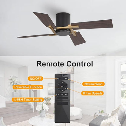 WINGBO 48 Inch Flush Mount Ceiling Fan without Light - 4 Plywood Blades, 6-Speed Reversible DC Motor, Noiseless Low Profile Ceiling Fan No Light for Bedroom Living Room, Gold and Black/Walnut