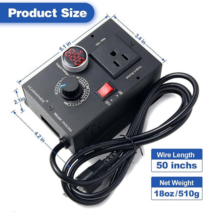 HARMNEE AC Motor Speed Controller 110-120V / 10A Rated / 15A Max, Fan Speed Control AC Electronic Voltage Regulator with Black-Coated Matt Metal Shell & Voltage LED Display Screen