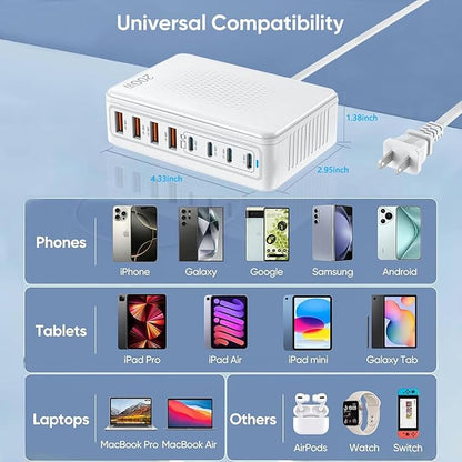 USB C Charger Block Charging Station - 200W Fast GaN 8-Port Multiple USB Charging Hub,65W Laptop Charger Compatible with MacBook Pro/Air,iPad,iPhone 16/15/14, Samsung S25/24,DELL,Steam Deck,5ft Cord