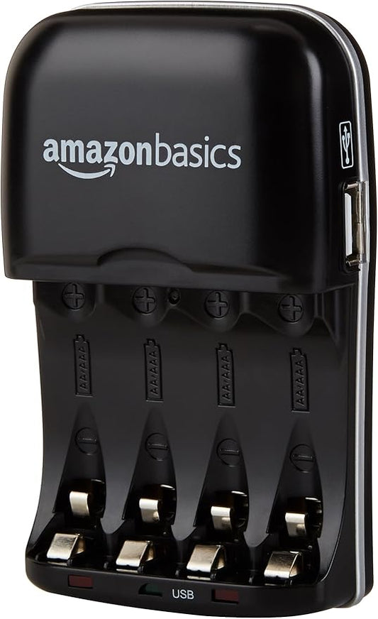 Amazon Basics Rechargeable Battery Charger for AA & AAA Nickel-Metal Hydride (NiMH) Batteries with USB Charging Port, Black