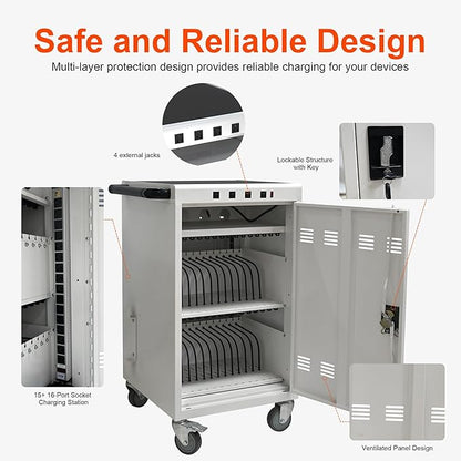 Aokleo Laptop Charging Cart,35 Devices Tablet Storage Carts for pad Up to 16.3" Screen Size, Classroom Computer Mobile Charging Station for Pads, Chromebooks,Laptops, Security Storage(31+4 Bay-White)