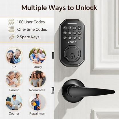 VCHOO Keyless Entry Door Lock Set Smart Locks for Front Door Keypad Door Lock with Handle Auto Lock One Time Password Anti Peeping Password IP54, Black