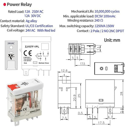 6 Pcs 24VAC Relay Electromagnetic Power Relay 12 Amp 5Pins SPDT 1NO 1NC with Test Button, Indicator Light Module and Socket Base