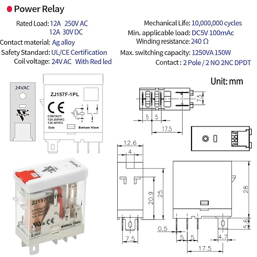 Electromagnetic Power Relay 24VAC 12 Amp SPDT with Test Button, Indicator Light Module and Socket Base [Applicable for DIN Rail System] (5 Pin- 12A, AC 24V)