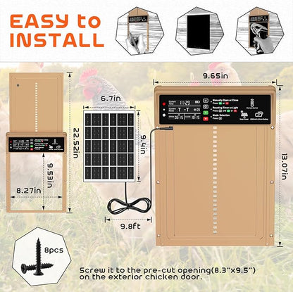 Asfrost Automatic Chicken Coop Door Solar Powered Automatic Chicken Door with Timer & Light Sensor, Anti-Pinch, Durable Aluminum Auto Chicken Door, Charge with 7W Solar Panel & USB - Brown