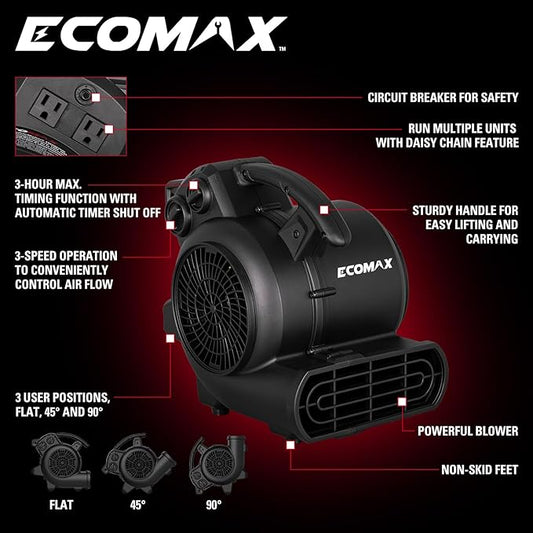 ECOMAX Air Mover, 950 CFM, Floor Fan, Carpet Dryer, Blower Fan, 3-Speed Mode, 3 Blowing Angles, Daisy Chain, Timing Function, for Water Damage Restoration, Flooding, Plumbing, Gym and Home, EMAM1090A