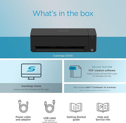 ScanSnap iX1300 Deluxe Compact Wireless or USB Double-Sided Color Document, Photo & Receipt Scanner with Auto Document Feeder and Manual Feeder for Mac or PC