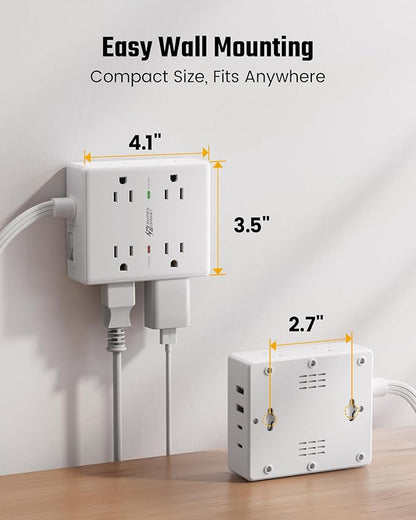 Flat Plug Surge Protector Power Strip, 6ft Ultra Thin Extension Cord with 4 USB (2 USB C Port), 8 Outlets Desk Charging Station, Wall Mountable Outlet Extender for Home Office, College Dorm Room