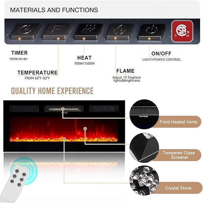 oneinmil 2 Tier TV Console Stand with 36" Electric Fireplace, LED Light Entertainment Center for TVs Up to 80" for The Living Room, 70", Black