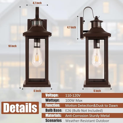 Roravilila Dusk to Dawn Motion Sensor Outdoor Lights Oil Rubbed Bronze 2-Pack, 18 Inch Large Outdoor Light Fixtures Brown Exterior Lights Photocell IP65 Waterproof Outside Lanterns for House Vintage