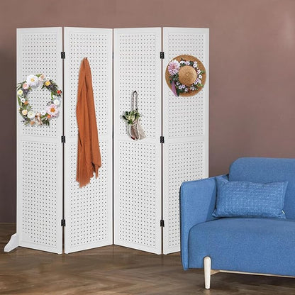 Bonnlo 4 Panel Pegboard Freestanding, 5 FT Portable Display Board Organizer for Craft Show Jewelry, Wooden Folding Privacy Screen Room Divider (with Base, White)