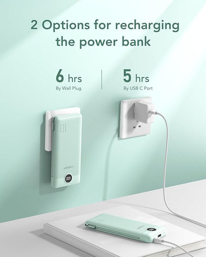 VEGER Portable Charger with Built-in AC Plug and Cables, All in One 10000mAh Ultra Slim Power Bank Travel Essentials, 15W Fast Charging Battery Pack Compatible with iPhone, Samsung, Android (Green)