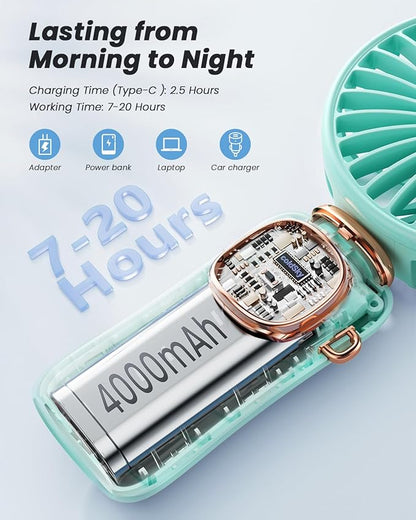 coldSky Portable Handheld Fan, 4000mAh Battery Operated Fan with LED Display, Handheld/Neck/Desk 3 in 1 Personal Small Fans, 90° Foldable Desk Fan with Base, 5 Speed Makeup Lash Fan for Women Green