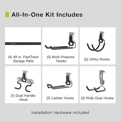 Rubbermaid 15-Piece FastTrack Garage Wall-Mounted Storage Kit, 4 Rails and 11 Hooks, for Home/House/Tool/Sports/Equipment/Utility Purposes