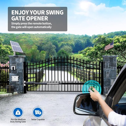 TOPENS A5S Automatic Solar Gate Opener for Medium Duty Single Swing Gates Up to 16ft, Single Swing Gate Operator Battery Powered with Remote Control Kit Gate Motor Solar Panel Included