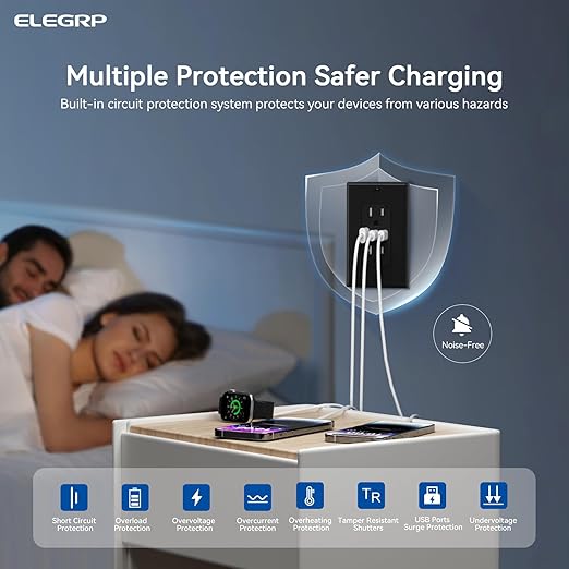 ELEGRP USB Outlets, 15 Amp Wall Outlet with 3 USB Ports, Dual USB C Ports Outlets, TR Tamper-Resistant USB Outlets Receptacles, Wall Plate Included, UL/CUL Listed, 1 Pack, Black