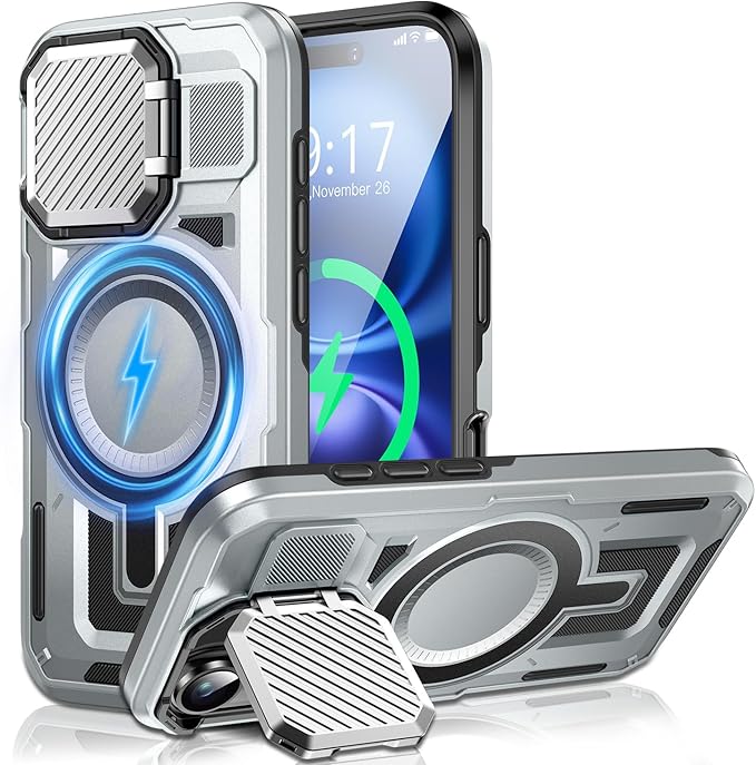 Camera Stand Case for iPhone 16, [Compatible with MagSafe] [Lens Cover] 2024 Version Military Grade Protective Soft Case for iPhone 16 6.1 inch Men Women, Grey