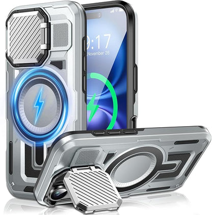 Camera Stand Case for iPhone 16, [Compatible with MagSafe] [Lens Cover] 2024 Version Military Grade Protective Soft Case for iPhone 16 6.1 inch Men Women, Grey