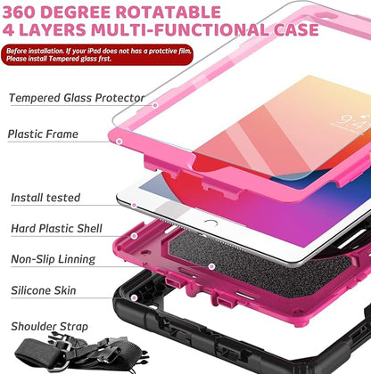 BLOSOMEET Case for iPad 9th Generation 2021 10.2 Inch with Tempered Glass Screen Protector & Pencil Holder,Protective Kids iPad 7th/8th Gen Cover 2020 2019 w/Stand Hand Shoulder Strap,Rosered