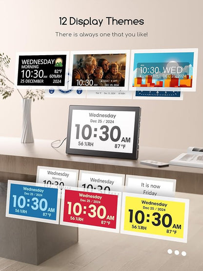 Raynic Digital Clock, Large Display Calendar Clock with 12 Themes, 20 Alarms, 20 Reminders, Auto Dimming, 12/24 Hours, Indoor Temperature, Humidity for Seniors, Desk