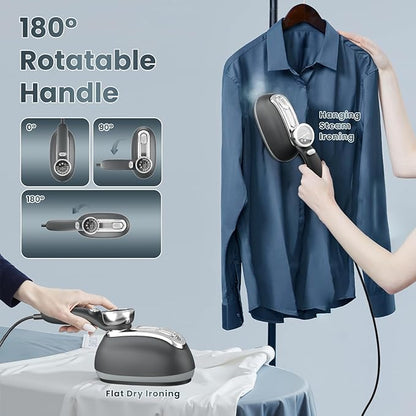 Killrose Steamer for Clothes, 2 in 1 Clothes Steamer Handheld, 1200W Steam Iron, 3 Level Thermometer Display Dashboard Travel Iron, 180° Rotatable Portable Handheld, 15s Heat Up, Water Tank, 120V