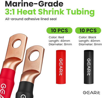 GearIT 8 Gauge CCA Battery Cable - 20 Heat Shrink Wrap, 15 Lugs, Automotive Amp Wire Kit (25 ft Each - Black/Red)