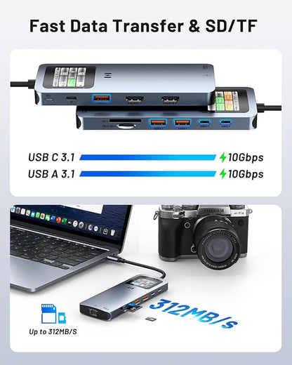 Laptop Docking Station Dual Monitor， 12-in-1 USB C Docking Station with Smart LCD Display, 2 HDMI Ports+100W PD+10Gbps USB-C/A+2.5G Ethernet+SD/TF,Docking Station for Dell/HP/Lenovo Laptop